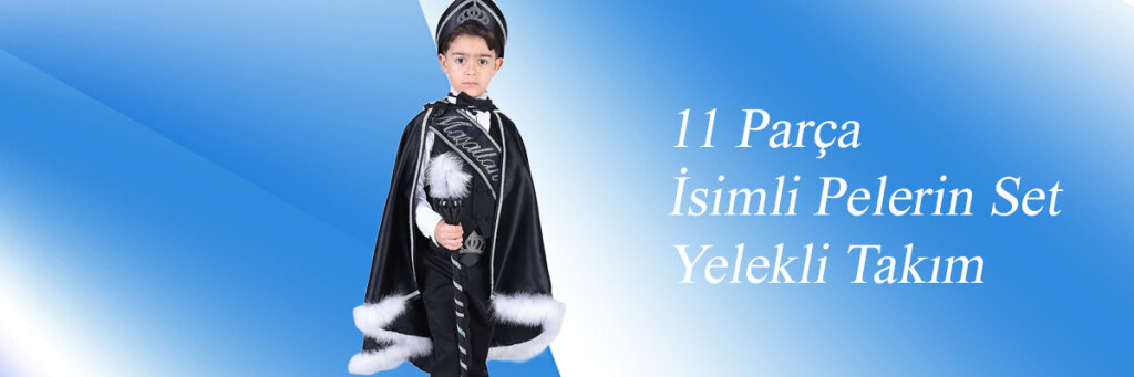 İsimli Siyah Pelerin Çocuk Sünnet Yelekli Takım Elbise
